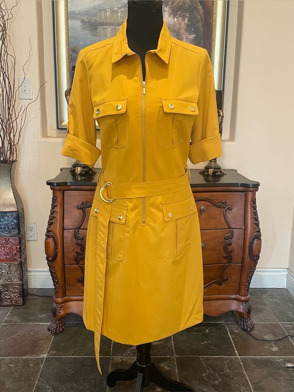 Sharagano Mustard Yellow Belted Utility Dress